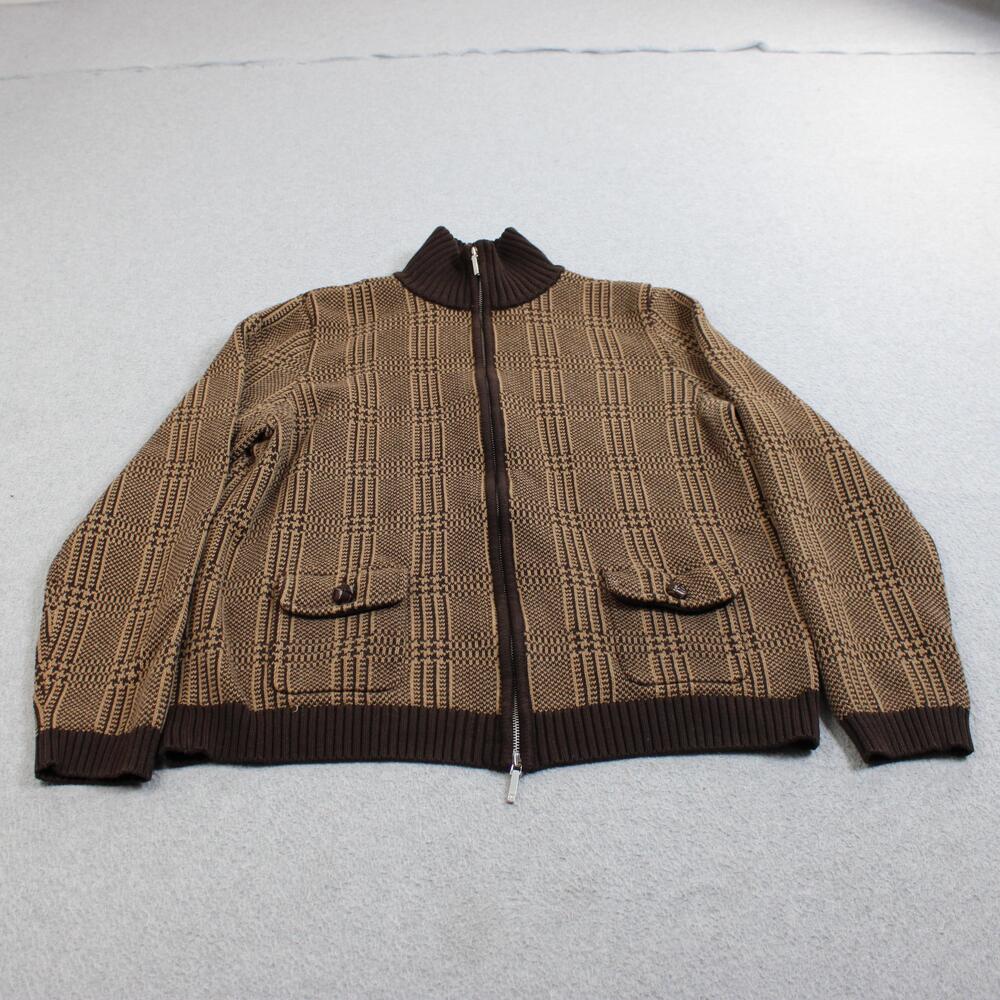 Lauren Ralph Sweater Women XL Brown Plaid Full Zip Mock Neck Pocket Heritage Y2K